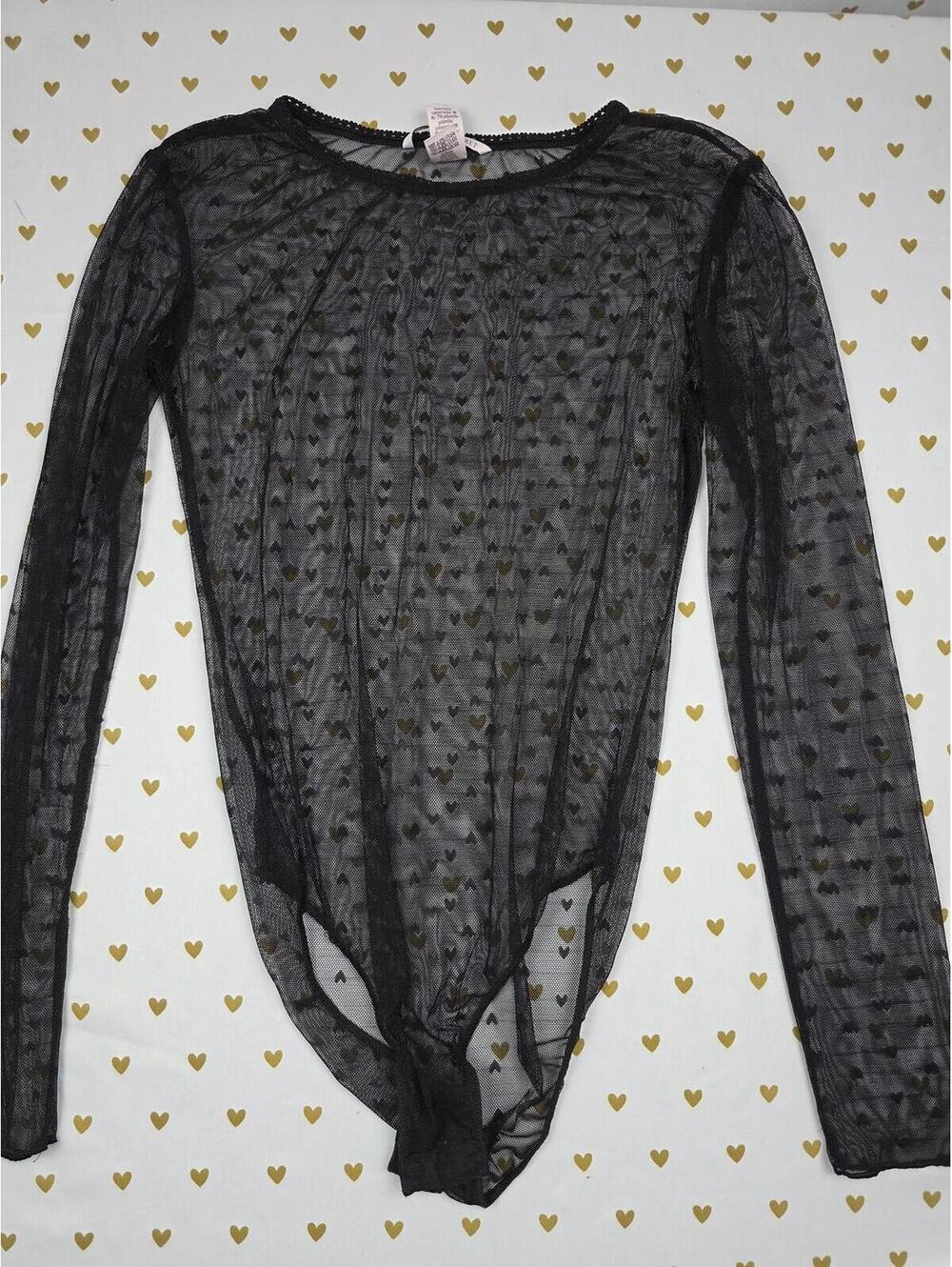 Victorias Secret Sheer Polka Dot Heart Long Sleeve Bodysuit XS